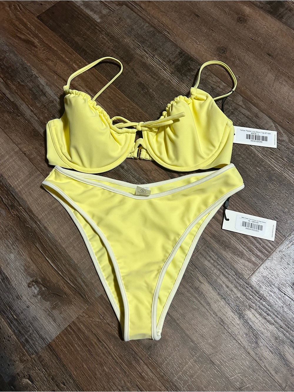Montce Sunny Yellow Bikini with White Trim, Size L top, size XL bottoms